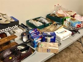 WOMENS & MENS SHOES PRACTICALLY BRAND NEW IN ORIGINAL BOXES, CURLING IRONS, BLOW DRYERS, MEN'S VALET ACCESSORY TRAY, FIRST AID KITS