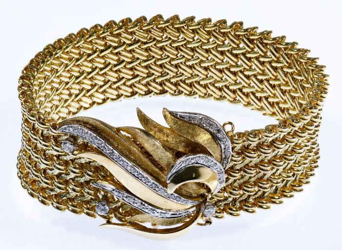 14k Gold and Diamond Wide Band Bracelet