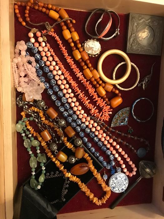 Sample of Chinese Jewelry including porcelains, coral and amber