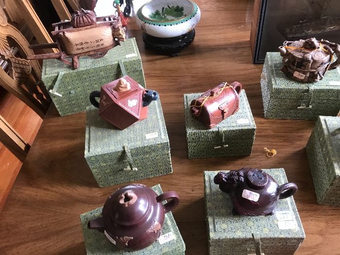 Terrific selection of tea pots in original custom fit fabric box