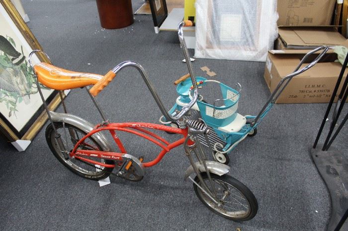 Antique Schwin  Orange Crate Bike and Baby Stroller