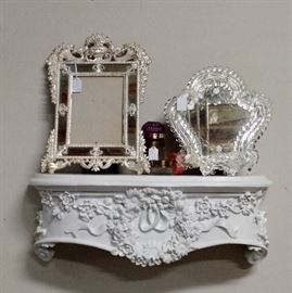Lovely ornate white shelf and 2 decorative mirrors