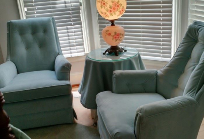 Lovely Seafoam Green bedroom chairs with round table and vintage lamp