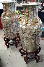 Two large 36" Oriental Urns on wooden stands