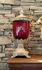 Large Crimson glass urn with handles and lid, beautiful pieces like this are through the main level, and Quest Quarters. Don’t forget to visit the Barn just a few feet paddy Baugh Springs on Old Lee Highway. 