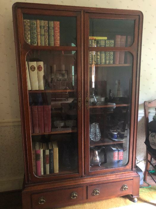 ANTIQUE TWO DOOR BEVELED GLASS DISPLAY CABINET,  BOOKCASE , OR HUTCH WITH TWO DRAWER