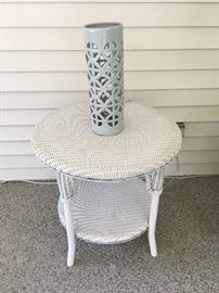 wicker side table with (2) column lamps