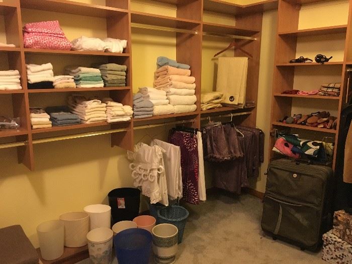 towels, drapes, curtains, waste baskets, shoe trees, bedding