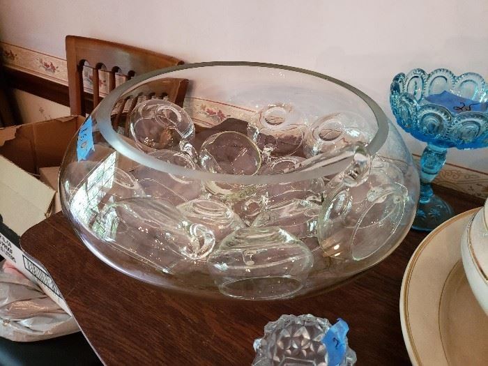 Crystal  punch bowl with cups, mid-century