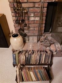 Books, fireplace implements