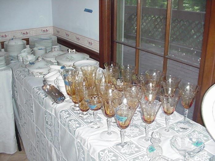 Amber crystal goblets, water glases, and more with needle etched band, clear stems