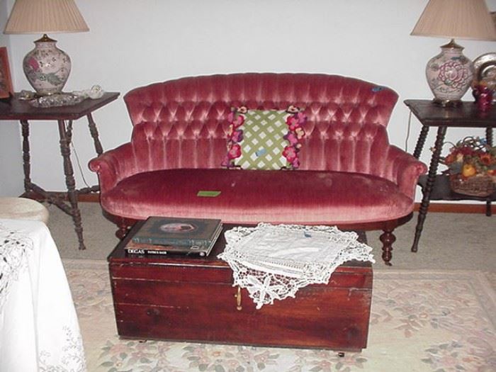 Victorian sofa, antique trunk, Victorian tables
