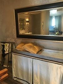 Black mirror (approx 5.5 ft wide) can be hung vertical and horizontal. Console table custom outfitted with faux pale blue silk with faux antique mirror and faux silver croc leather