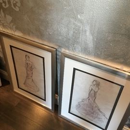 Silver framed bridal sketches, wall art