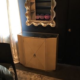 Mirror top cabinet with silver X detail, wood in a pickled champagne, Mirror has sold already