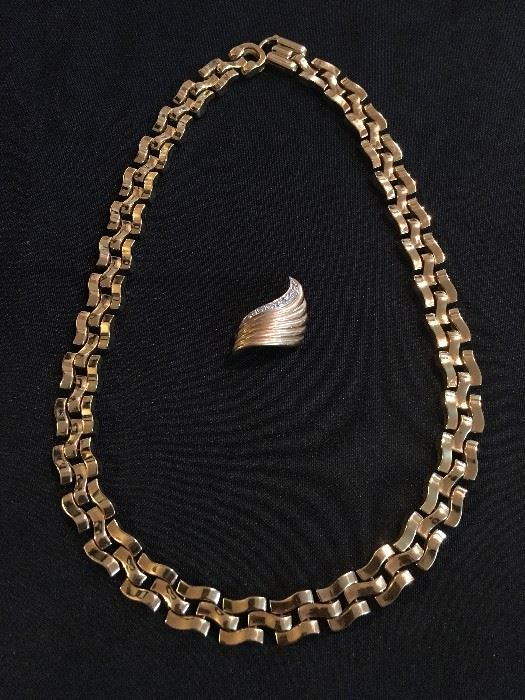 Gold Necklace, Diamond Studded 14K Pin 