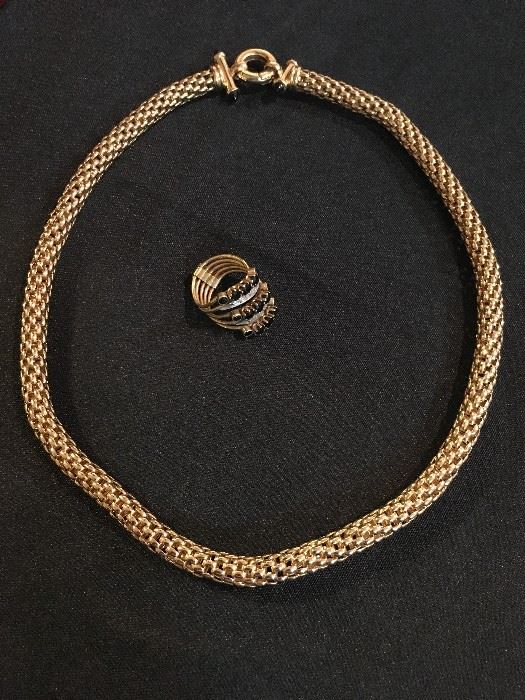 Gold Necklace, Sapphire and Diamond Ring 