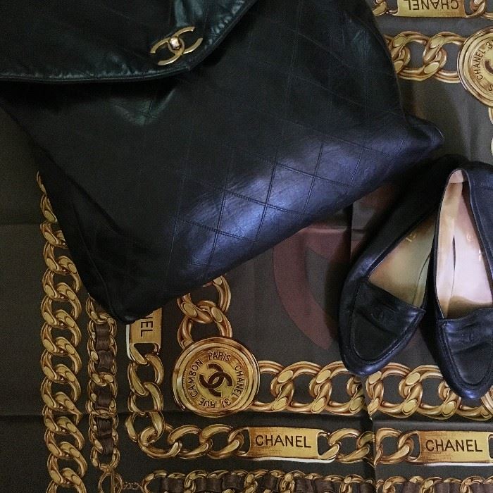 Welcome to the historic Sherborn home! Chanel silk scarf, Chanel flats, Chanel leather Shoulder bag!