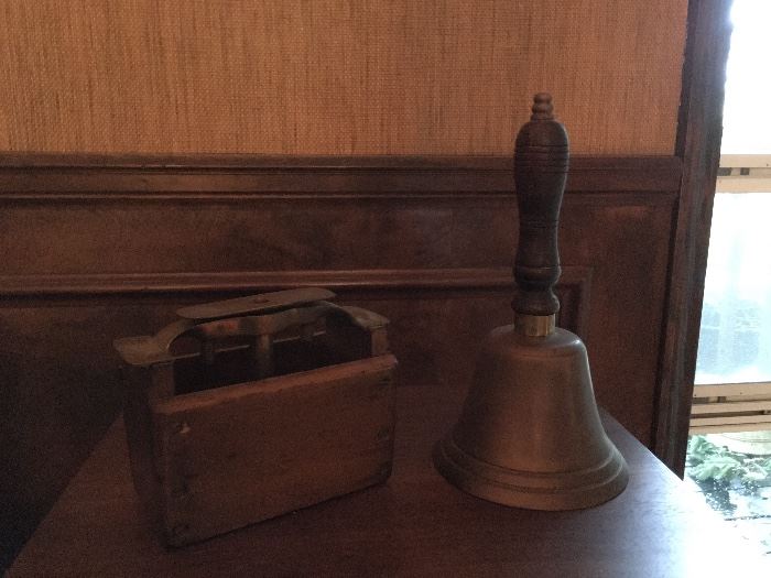 Antique / Primitive Wood & Brass Butter Mold Press & Brass Bell