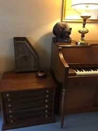 Musette Player Piano, Spool Cabinet, Antique Chartola Grand Zither / Harp