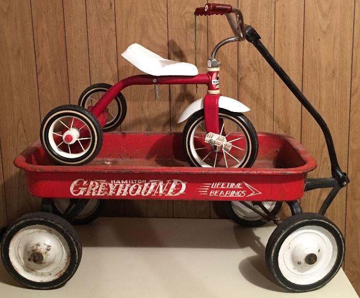 1950's Hedstrom Tricycle & Greyhound Red Wagon ("Lifetime Bearings") 