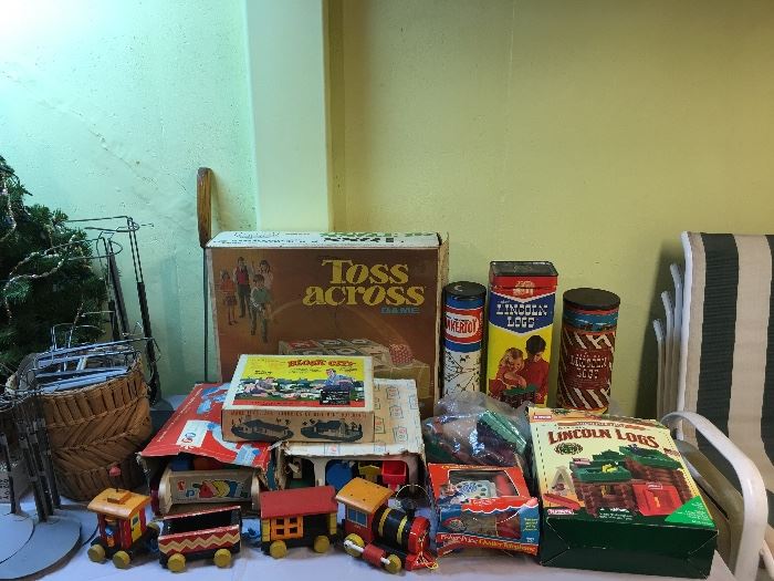 Just Some of the Vintage Toys: VTG Toss Across Game, Original Lincoln Logs & Tinkertoy, Block City, Fisher Price 999 Train, Little People Dump Truck Station, Creative Block Wagon, Frontier Fort Lincoln Logs & More. 