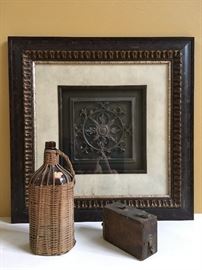 Framed Tin Tile, Antique Box Camera, Wicker Wrapper Jug 