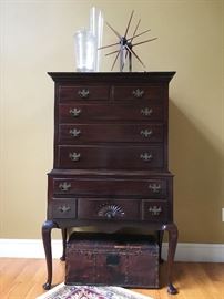 Chippendale Chest on Stand, Leather Trunk, Primitive Textile Wheel 