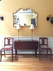 Needlepoint Chairs, Drop Leaf Table, Accent Lighting, Mirror