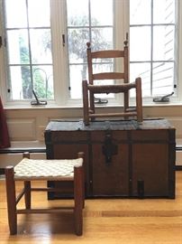 Antique Trunk, Children's Chair, Woven Seat Stool 
