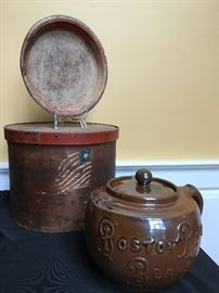 19th Century Primitive Pie Plate, Boston Baked Beans Crock, Flag Decorated Wooden Box