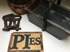Primitive Wooden Basket, Hand Painted Sign 