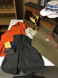 Woolrich Hunting Orange Wool Jacket, Vintage Wool Vest, Canvas Tool Bag, Wooden Tool Box, First Aid Kit