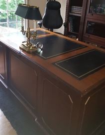 Wooden Office Desk, Lamp and Leather Chair