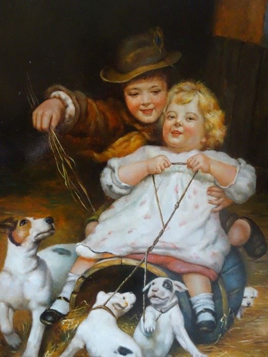 Signed Oil on Canvas - Children with Dogs
