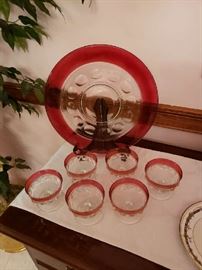 Kings Crown Ruby Red Flash Thumbprint Tiffin Platter and Sherbets