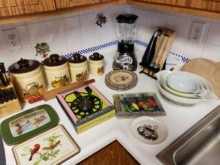 Vintage Kitchen Items Cannister Set, Pyrex Bowl Set, Hot Plate, and more