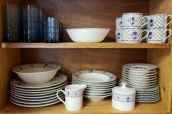 Dynasty Stoneware by Sango Blue & White Lattice Service for 8 with Chop Plate, Creamer & Sugar and Serving Bowls.