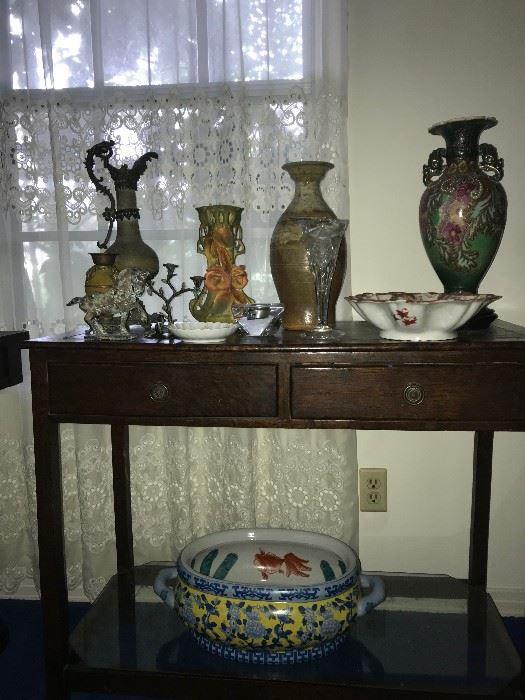 [tall pieces, l-r] Victorian ewer, Royal Dux Art Nouveau vase,  local pottery vase, antique Victorian hand-painted Japanese vase. Chinese foot bath on bottom
