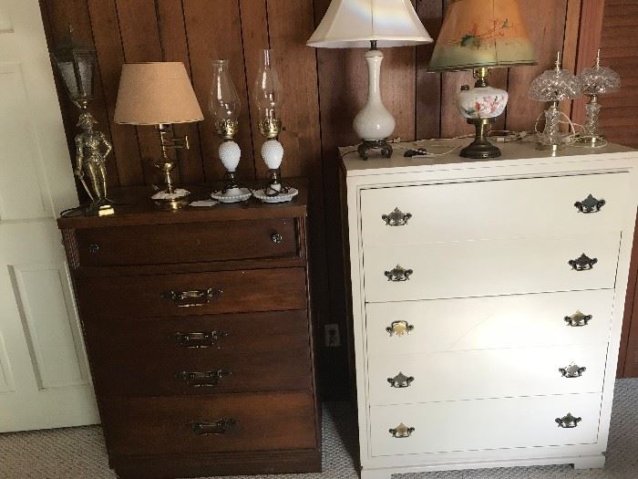 Very nice dressers with good, smooth drawer action. No particle board. Crystal lamps, vintage milk glass lamps, electrified oil lamp with painted shade, brass lamp with swivel arm, brass figurative lamp.