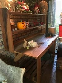 Redwood Potting Table. Holiday decorative items, ornaments, lights, etc.