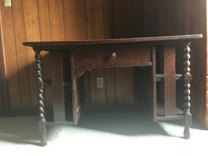 English Desk with Barley Scroll legs and side shelves.