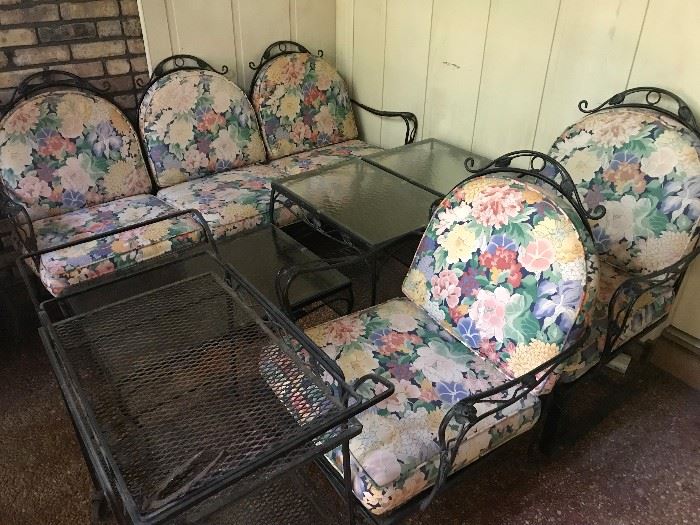 Patio set. Includes sofa, coffee table, 2 end tables, and 2 chairs. Tea cart sold separately.