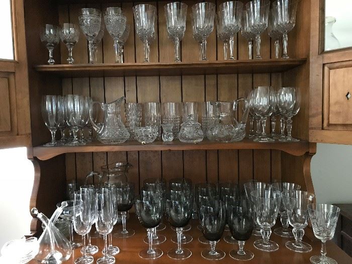 Multiple sets of Crystal wine glasses, Champagne flutes, cordial glasses, Waterford pitcher...