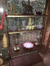 Large Baker's Rack. Wrought iron and wood. Nice condition, well built. Brass giraffe, elephant lamp.