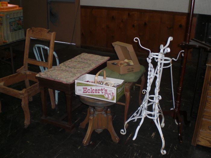 vict. piano stool, wrought iron plant stands, mah. piano bench,childs painted bow back chair, etc.