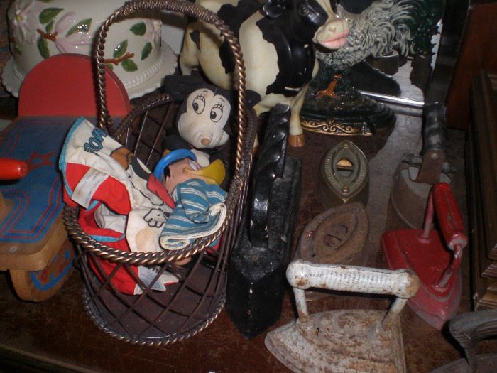 vintage Disney puppets, sad irons, etc.