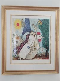 "Bridal Couple with Eiffel Spride" nicely framed/matted Marc Chagall signed/numbered 735/750.
