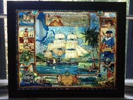 Vintage stained glass panel of the H.M.S. Bounty 1789.