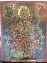 Antique hand painted oil on board religious icon.